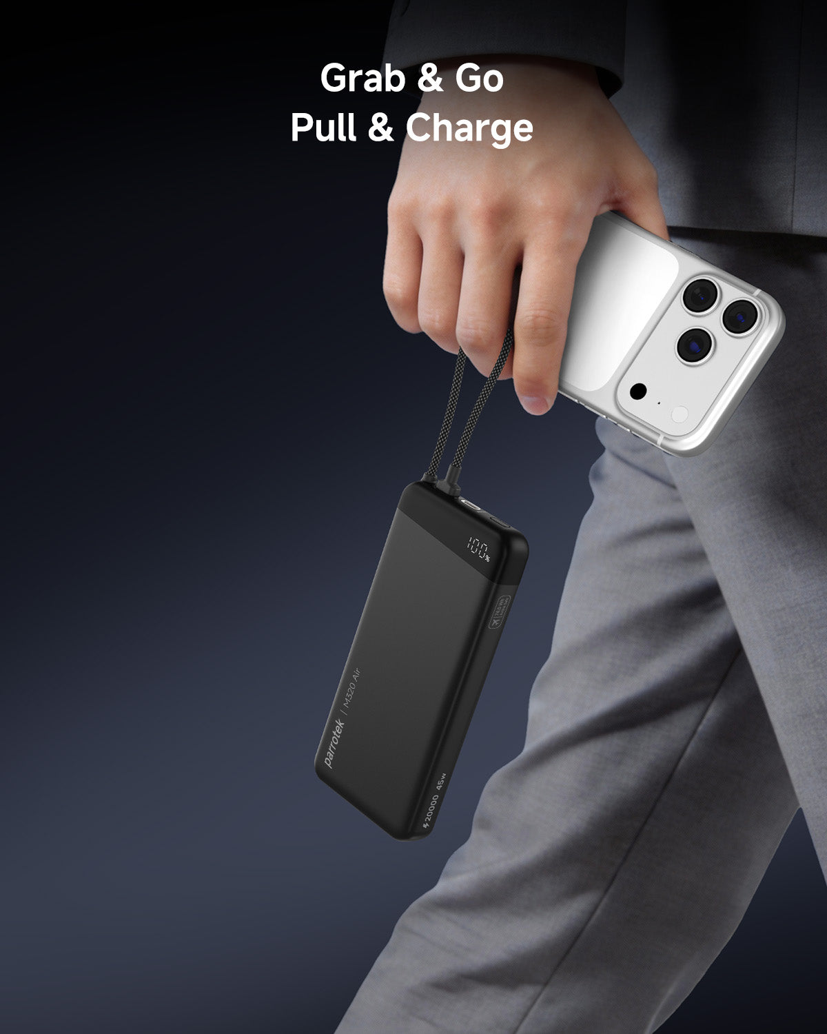 Parrotek 45W Power Bank with USB C Cable, Portable Travel Charger Built-in USB C Cable