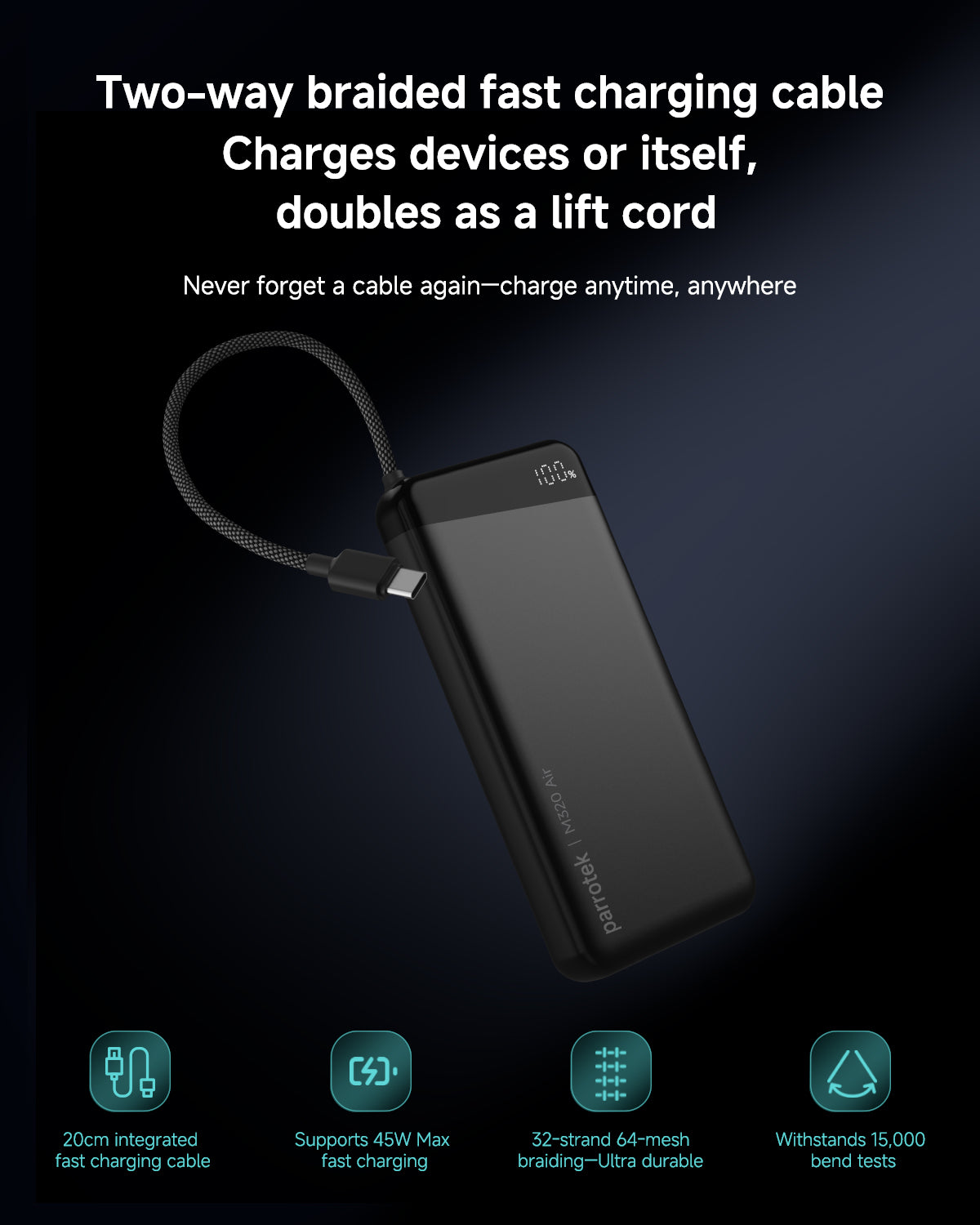 Parrotek 45W Power Bank with USB C Cable, Portable Travel Charger Built-in USB C Cable