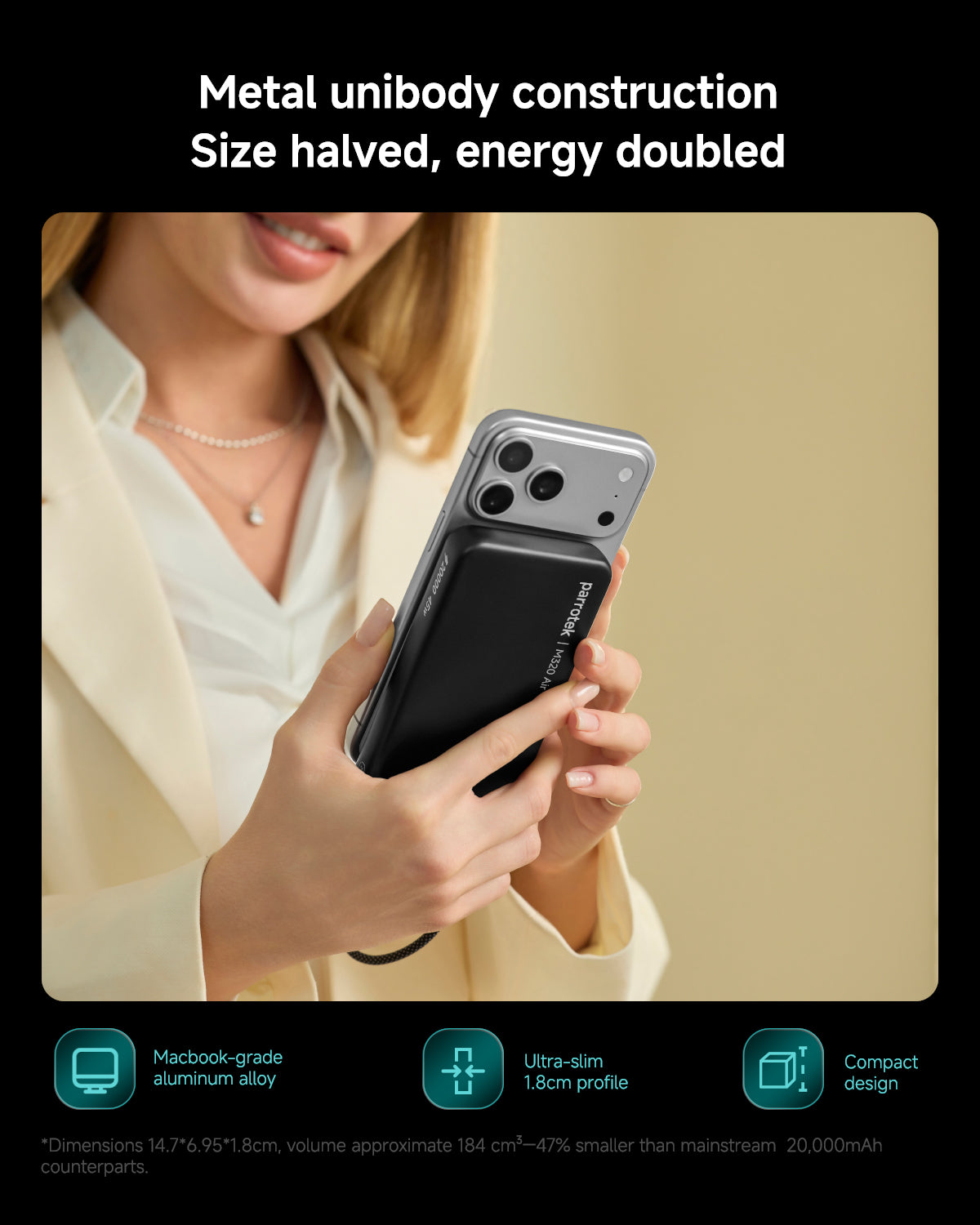 Parrotek 45W Power Bank with USB C Cable, Portable Travel Charger Built-in USB C Cable