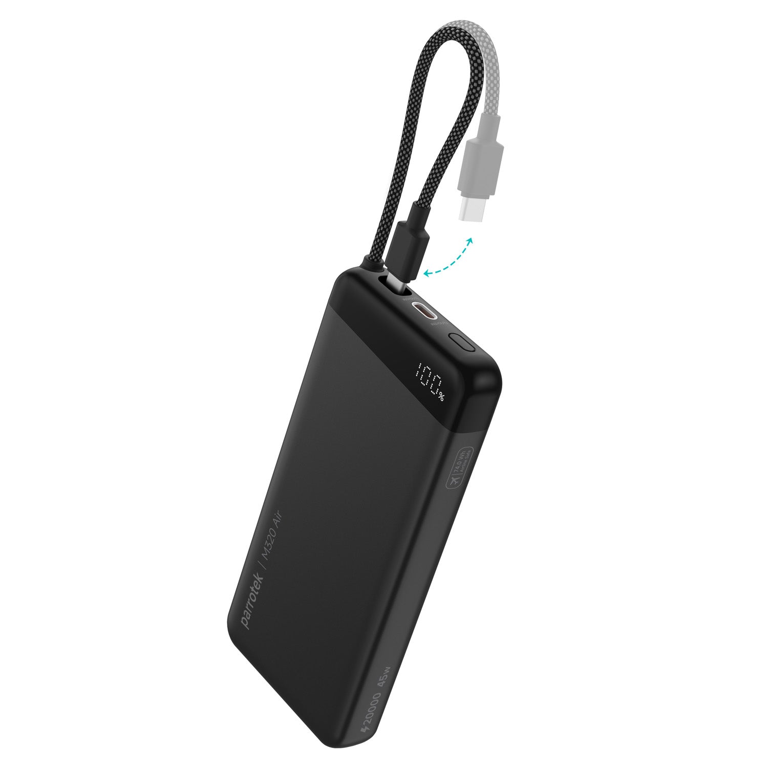Parrotek 45W Power Bank with USB C Cable, Portable Travel Charger Built-in USB C Cable