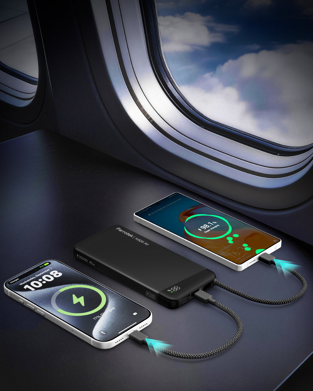 Parrotek 45W Power Bank with USB C Cable, Portable Travel Charger Built-in USB C Cable